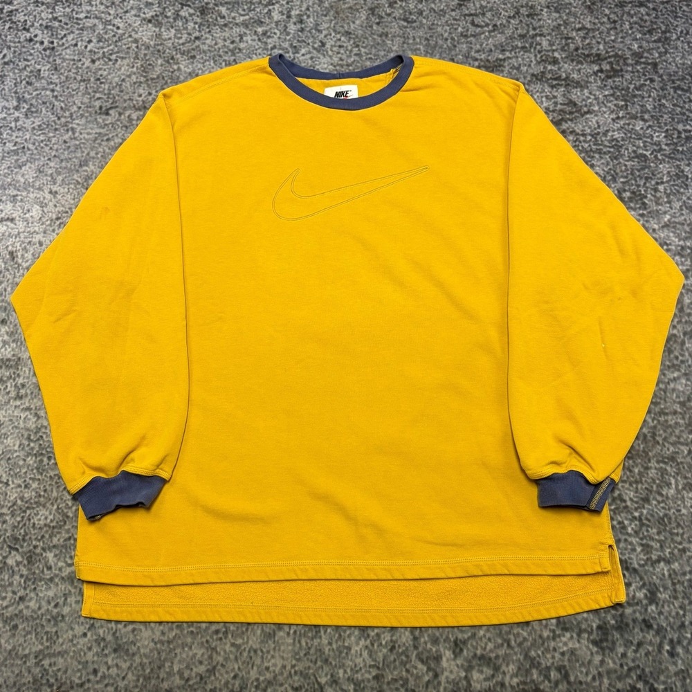 Vintage 90s Nike Big Swoosh Crewneck Sweatshirt Mens XL Yellow Ribbed Collar